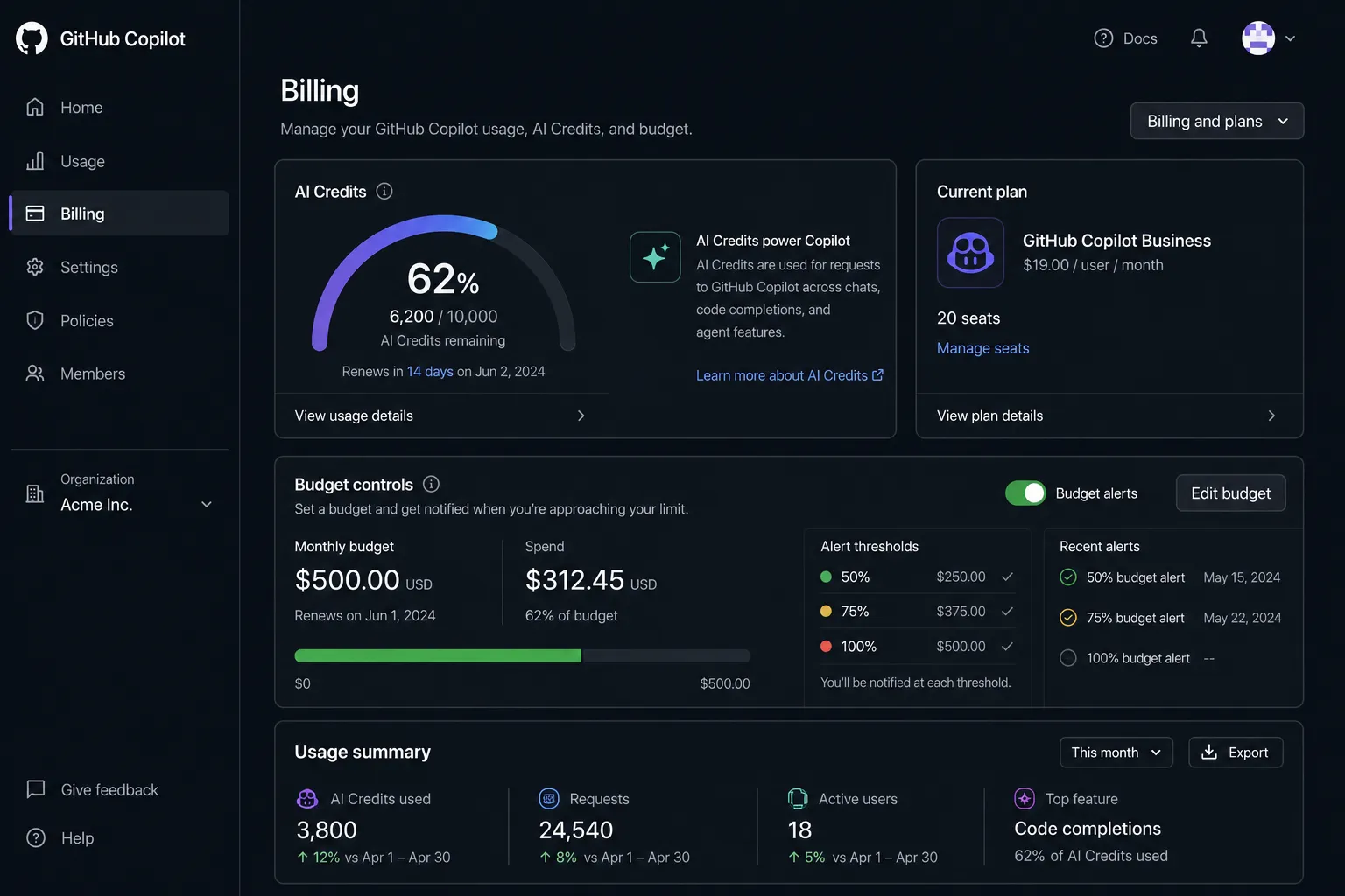Illustration of GitHub Copilot token billing dashboard with AI Credits meter and budget controls