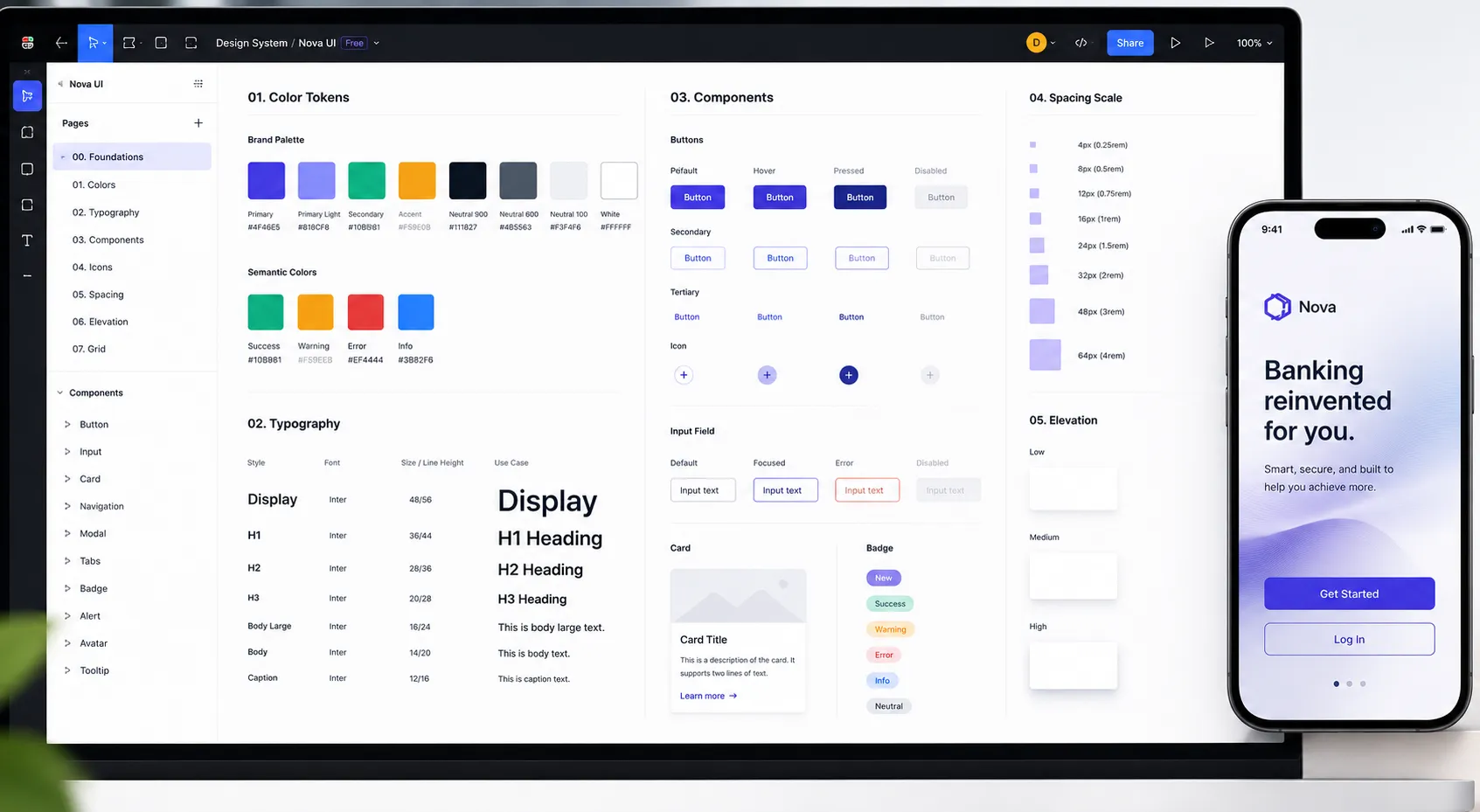 A design system canvas in Figma showing color tokens, type scale, and component library next to a phone preview, late in post