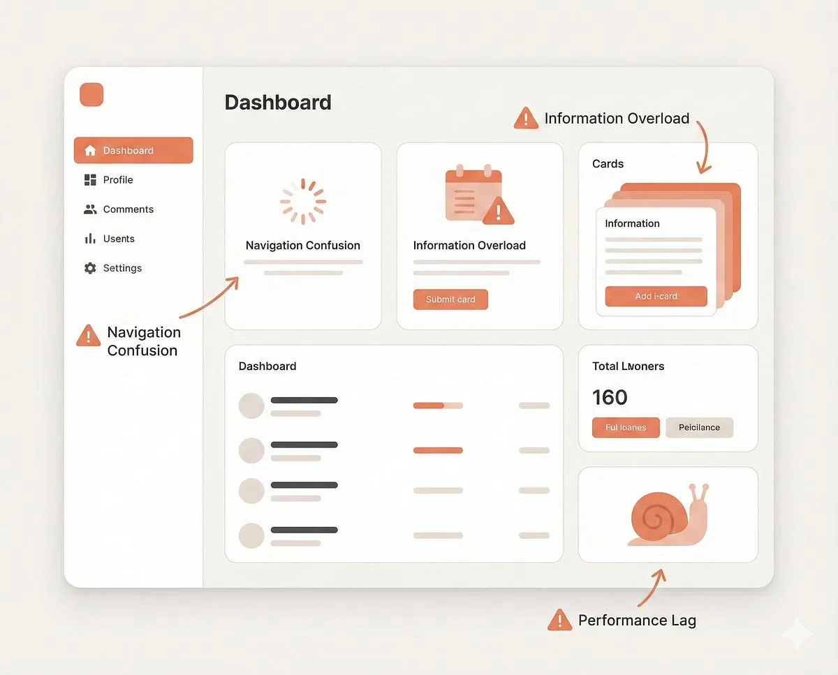 Annotated screenshot of an outdated SaaS dashboard with sticky notes marking issues, placed near the top of the post