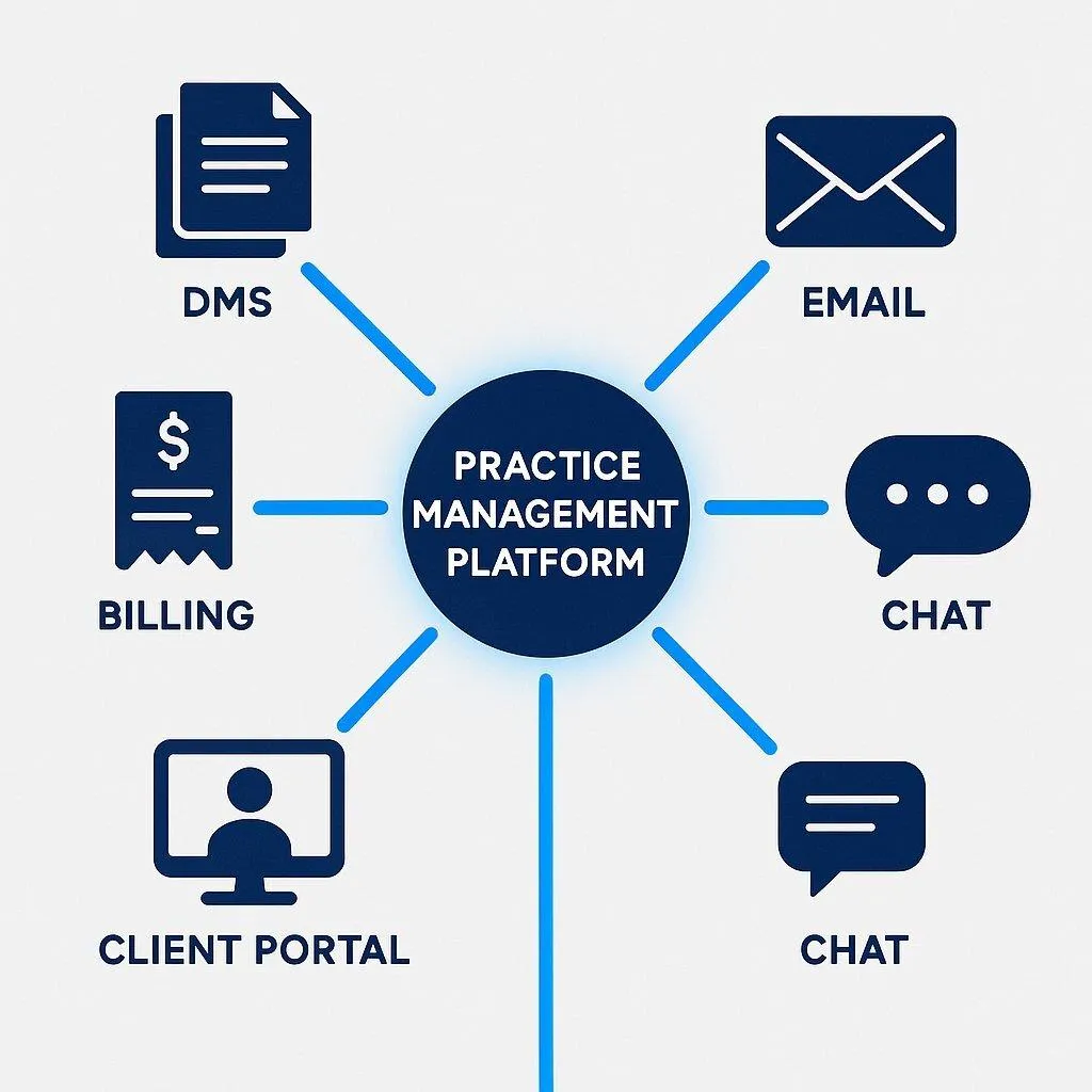 Diagram of a law firm tech stack showing billing software connected to accounting, payments, document management, court filing, and practice management
