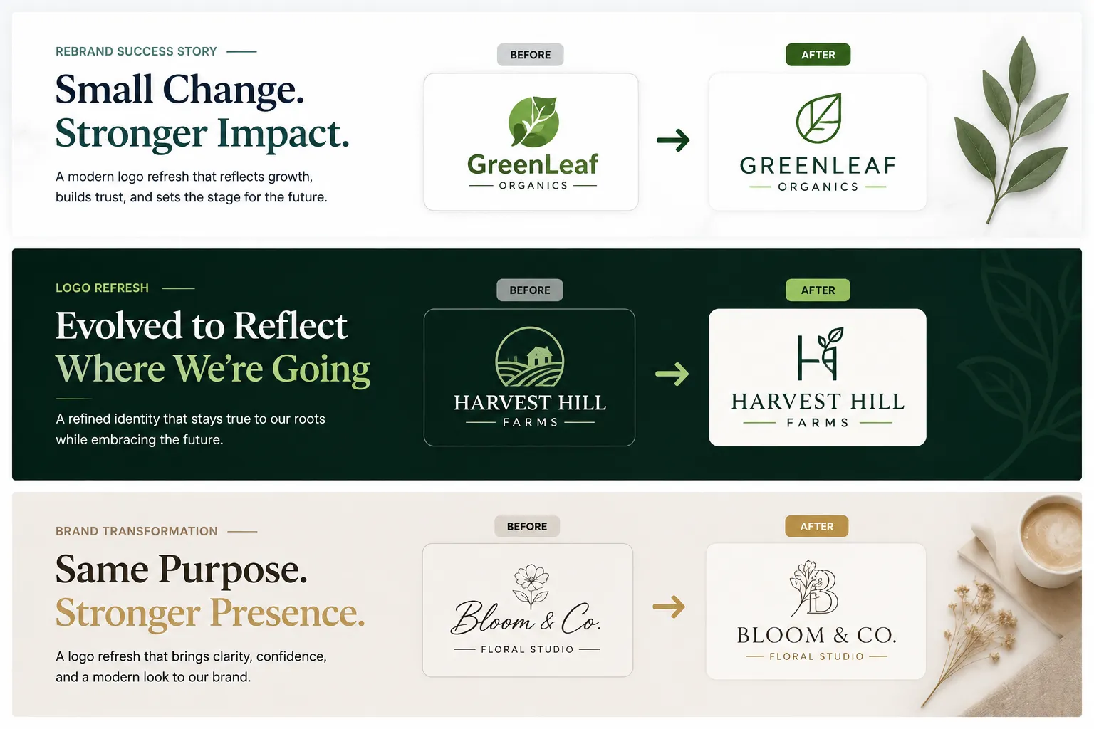Before and after comparison of a small business logo refresh, placed near rebrand section