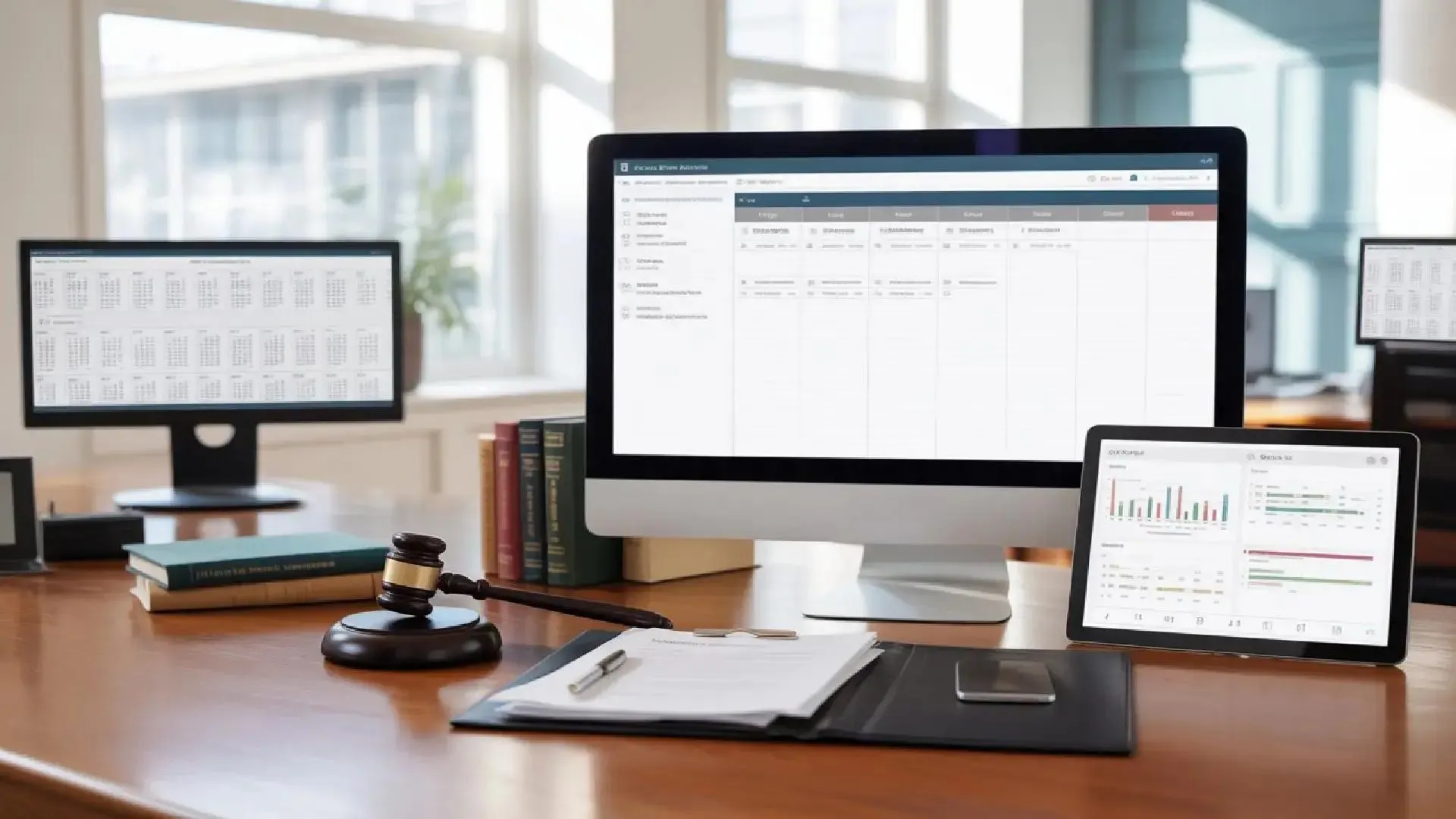 Law firm partner reviewing a case management dashboard on a laptop with paper files in the background, top of post