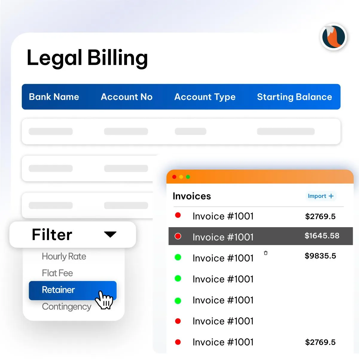Law firm partner reviewing billing software dashboards on a laptop with invoice, time tracking, and trust ledger panels visible, hero for the top of the post