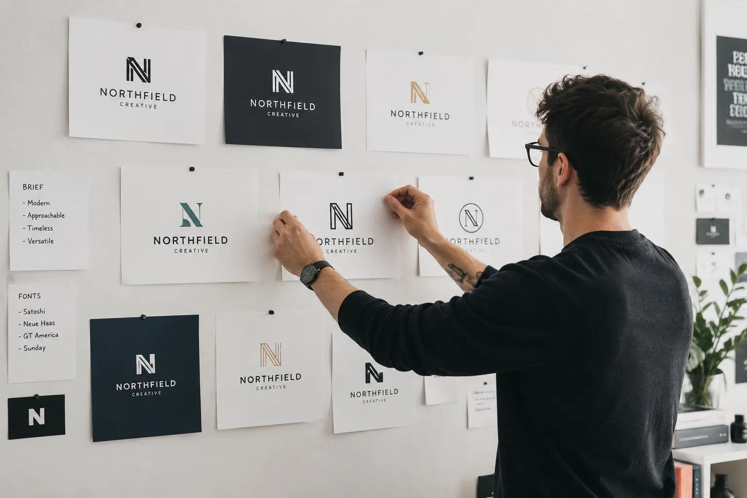 Studio designer pinning printed logo variations on a wall for client review, hero image at top of post