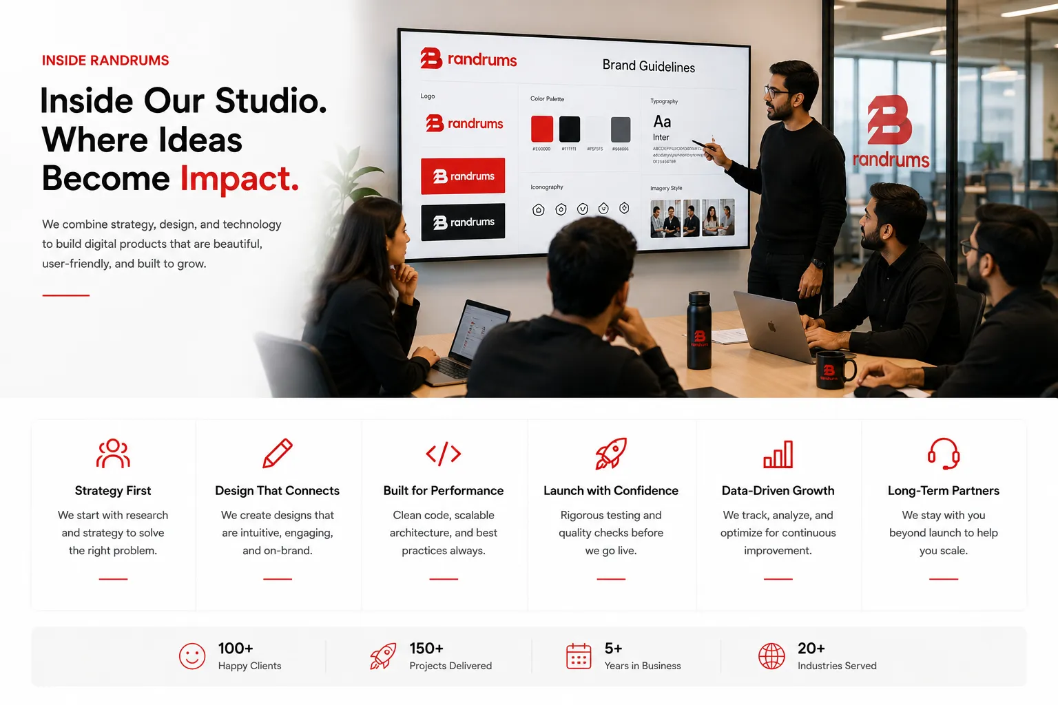 A design lead presenting brand guidelines to a product team in a meeting room, placed in the in