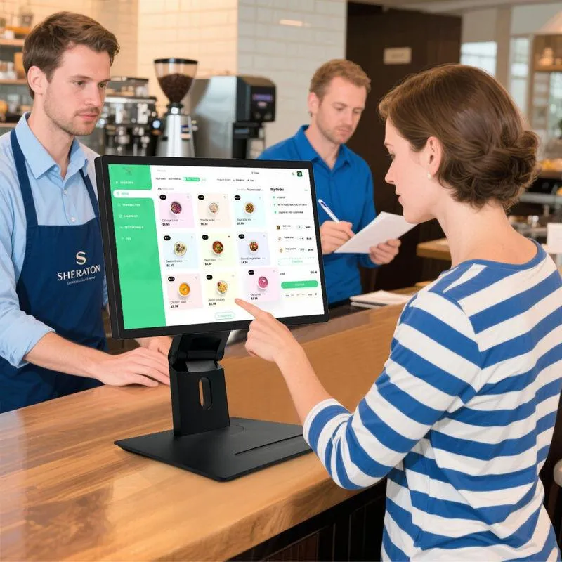 Restaurant counter with a tablet POS displaying a comparison of Toast, Square, Lightspeed and Clover dashboards, hero image at top of article