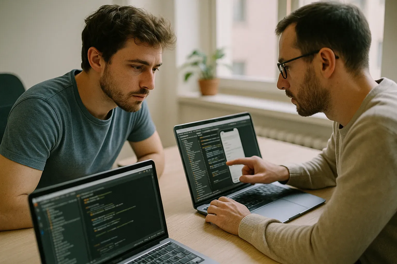 A mobile app developer looking at a laptop screen.