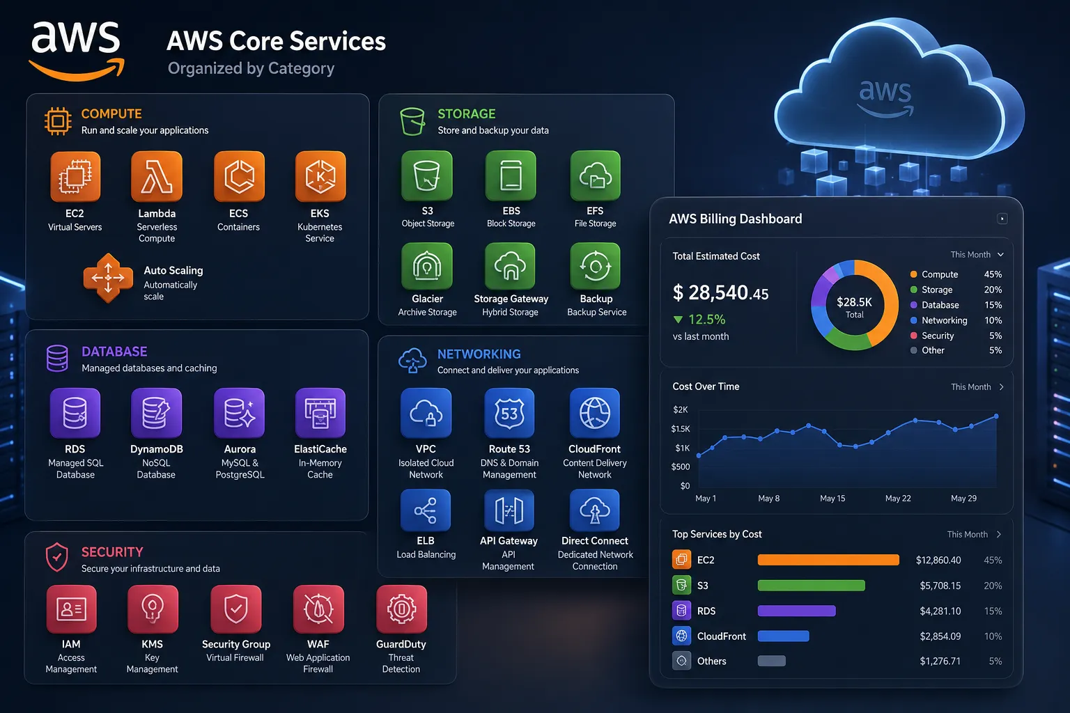 AWS core service icons grouped by compute, storage, database, networking, and security with a billing dashboard overlay