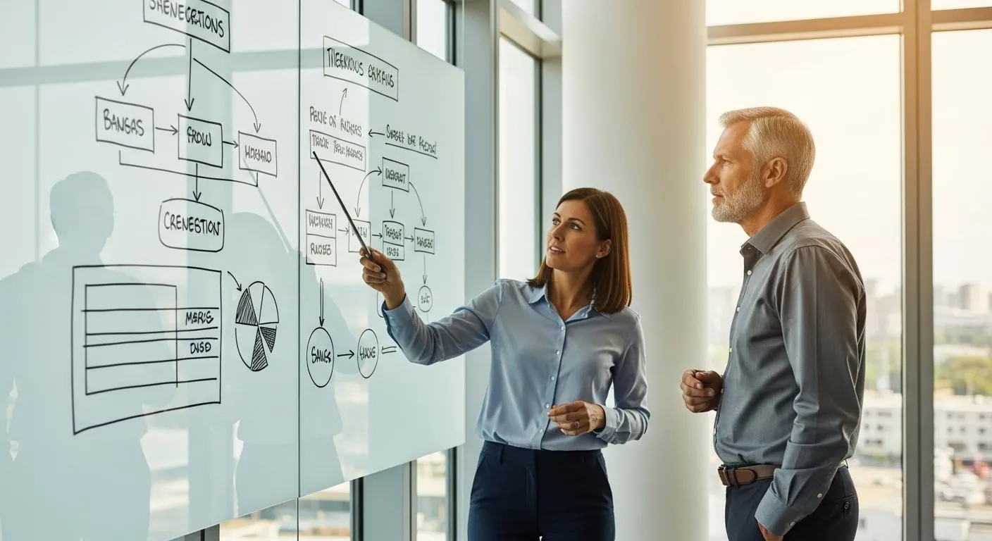 Product team mapping AI use cases on a whiteboard, grouped by smart search, personalisation, fraud detection, and voice
