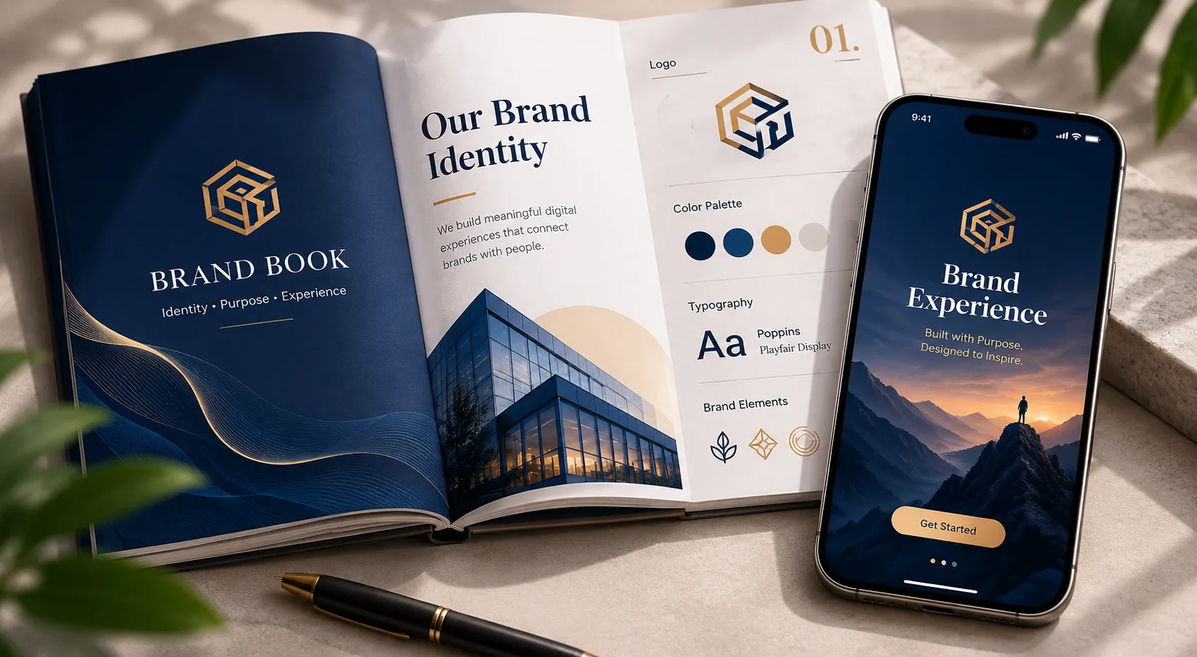 Brand book pages laid next to an iPhone showing a matching app splash, hero image at top of post