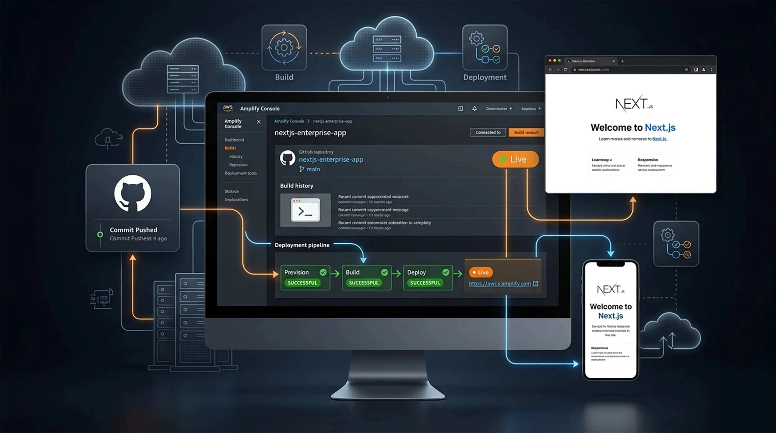 AWS Amplify console showing a connected GitHub repo with Next.js auto