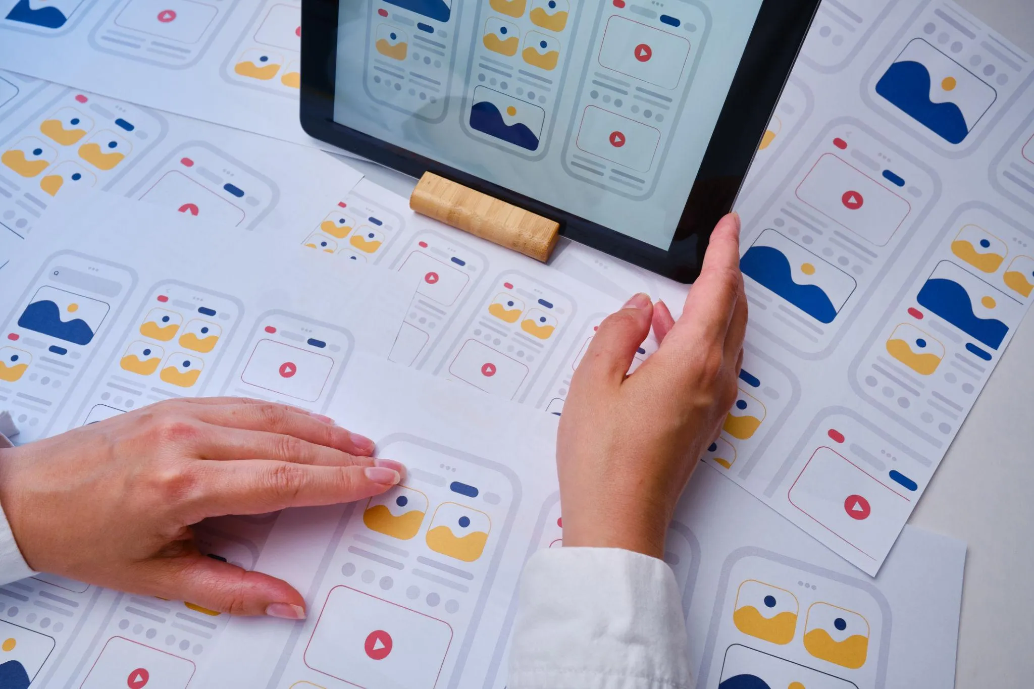 Product manager reviewing food delivery app wireframes for customer, restaurant, and courier apps side by side, hero placement above the first H2