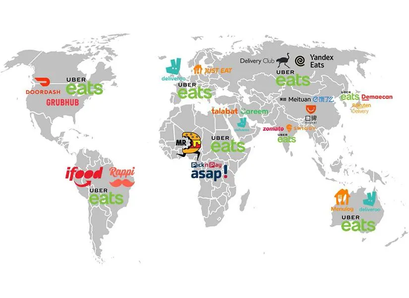 World map highlighting DoorDash, Uber Eats, Wolt, Glovo, Talabat, Rappi, and Zomato operating regions, placed after the regional players list