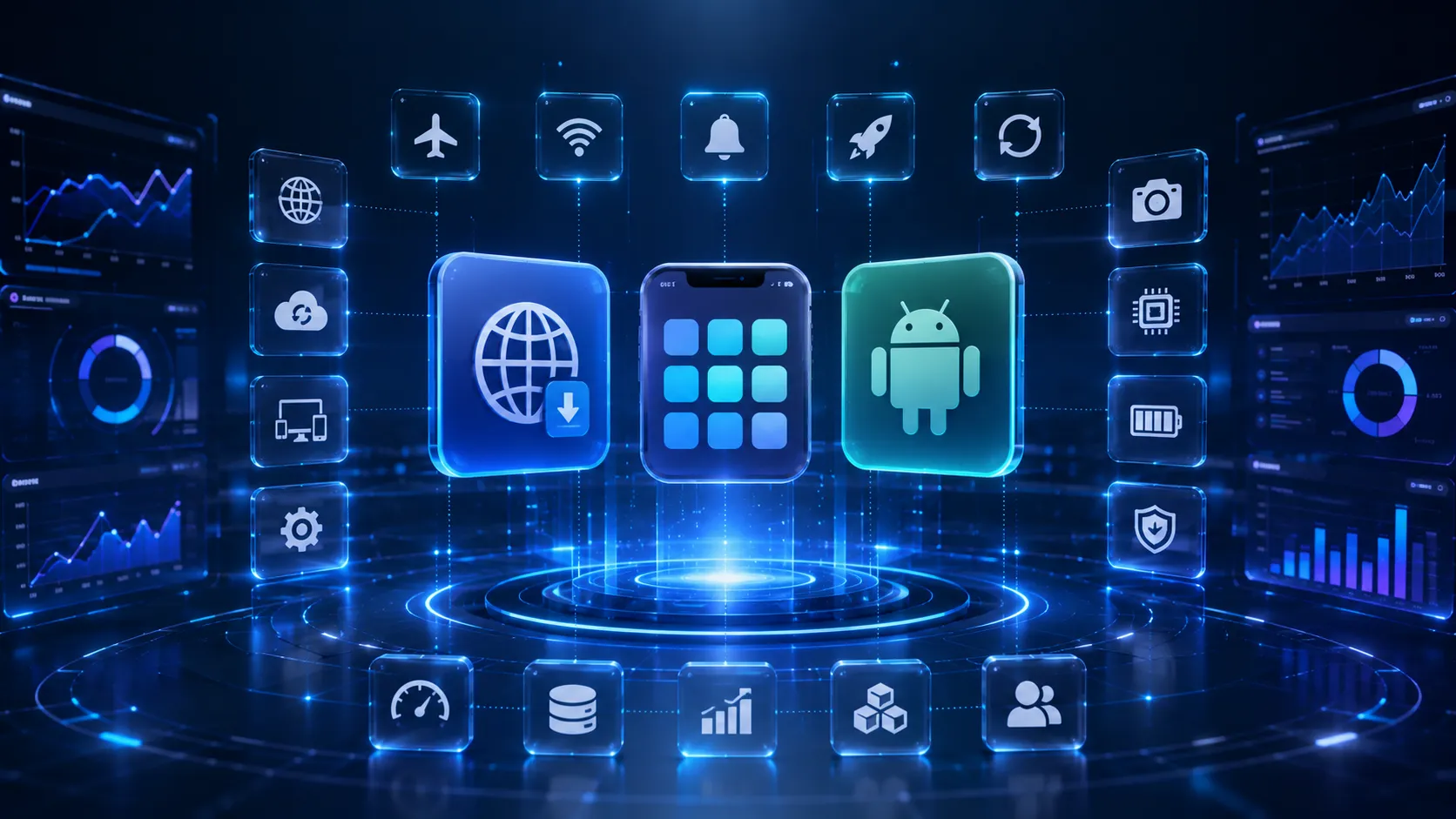 PWA installable web icon next to iOS and Android native app icons with feature comparison badges