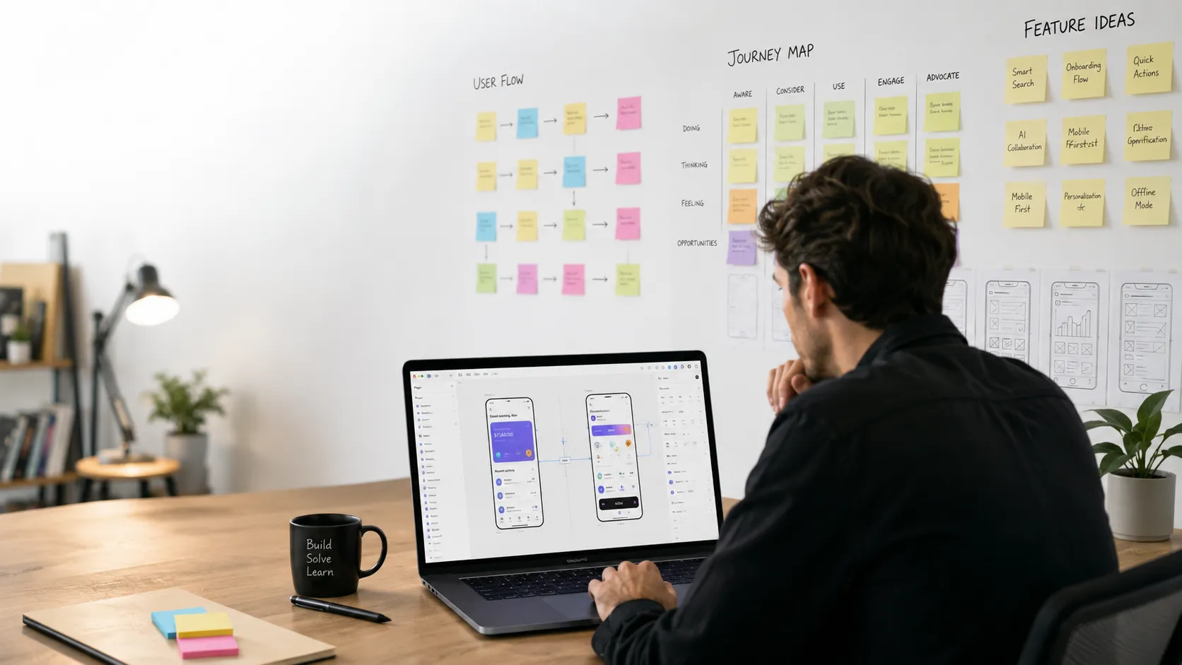 Founder reviewing a Figma prototype on a laptop with sticky notes on the wall mapping user flows, hero image at top of article
