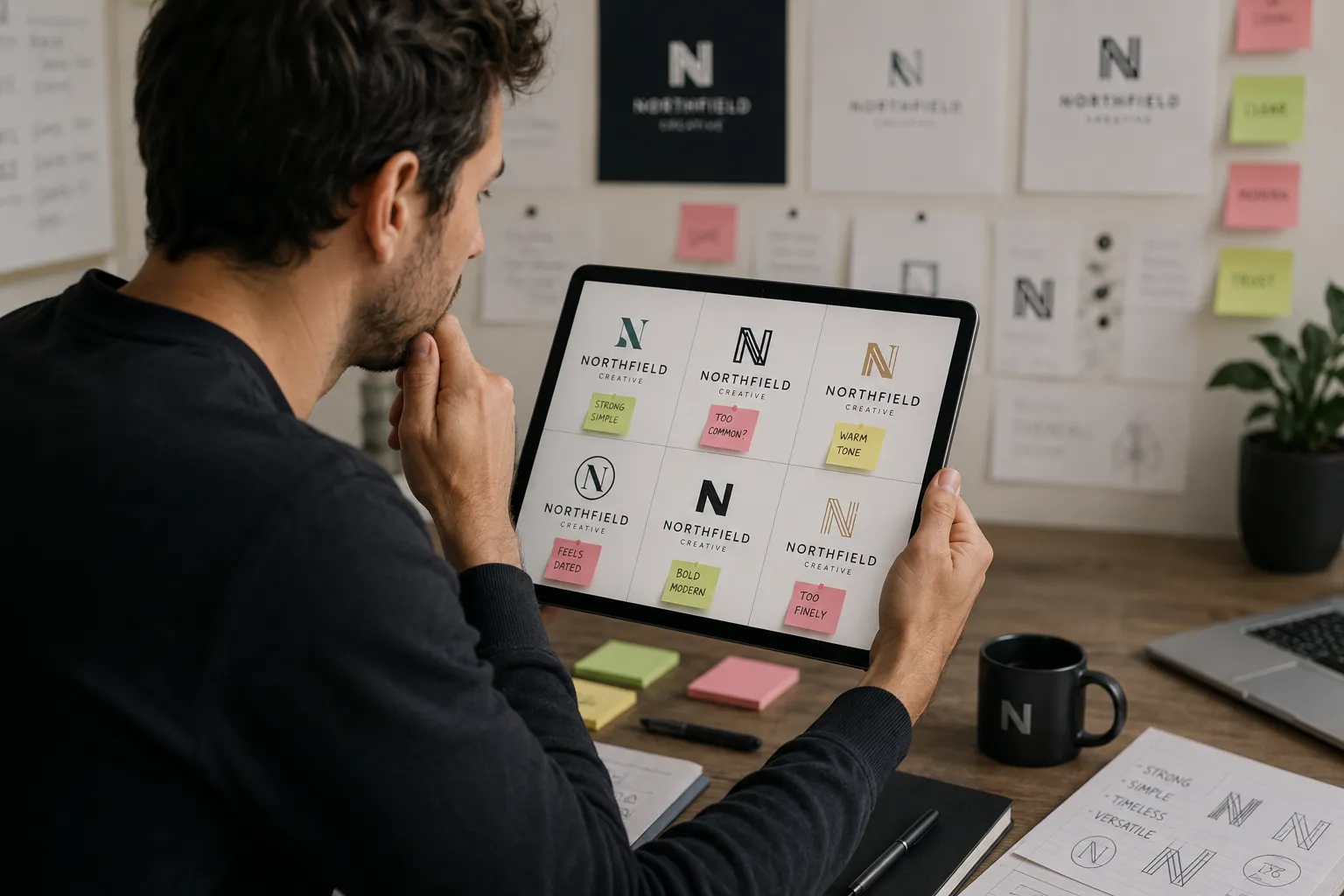 Founder comparing logo concepts on a tablet with sticky notes, mid post after red flags