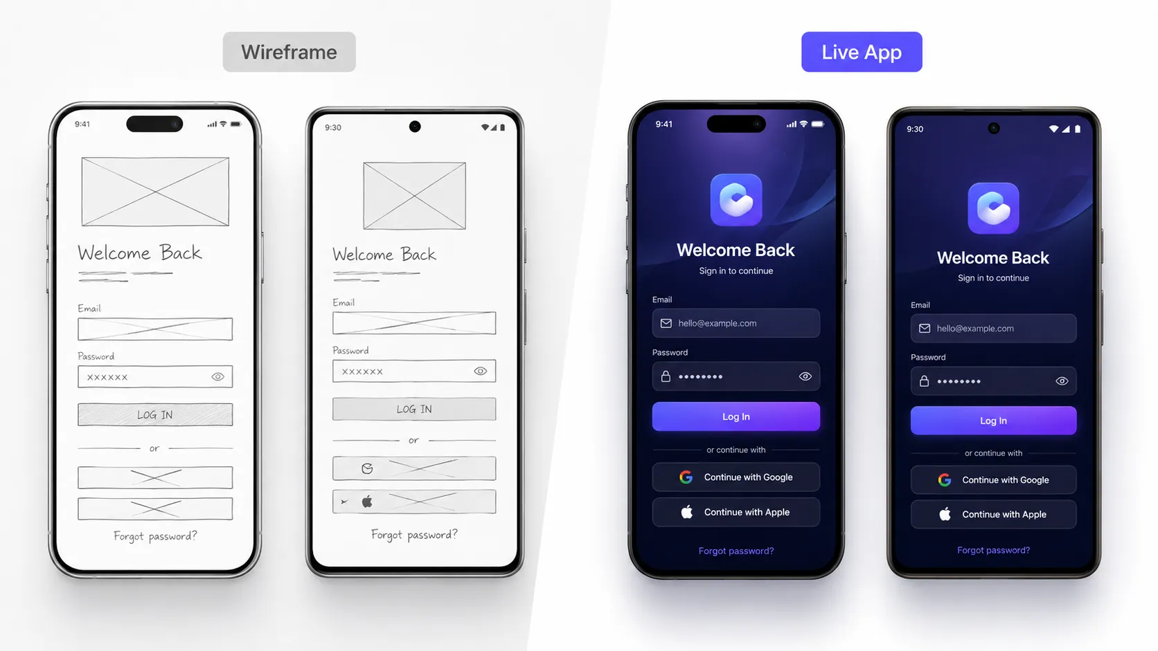 Side by side comparison of a wireframe and a finished mobile app screen on iPhone and Pixel devices, alt: USA app development wireframe to live app comparison 2026 placement note: hero image