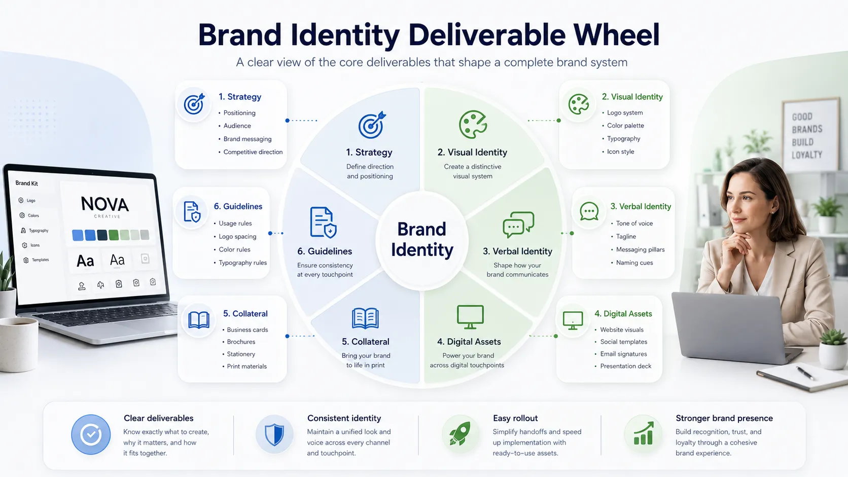 Brand identity deliverable wheel showing strategy, visual identity, verbal identity, digital assets, collateral, and guidelines