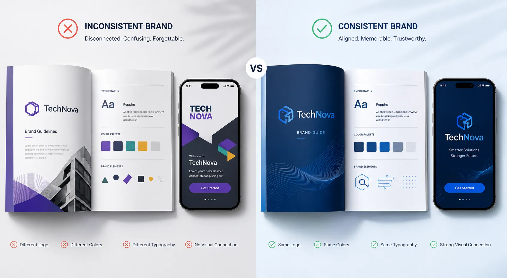 Split screen comparison of an inconsistent vs consistent brand to app translation, mid post