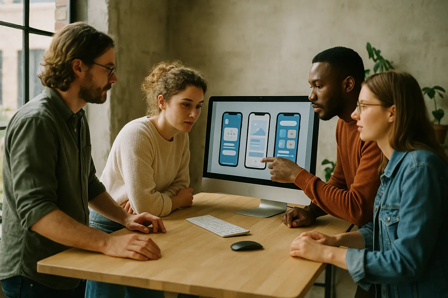 A team meeting analyzing project charts.