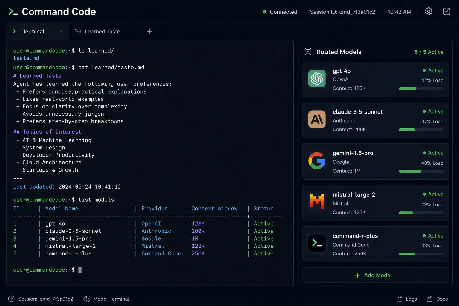Command Code terminal session showing a learned taste.md file and a list of routed models