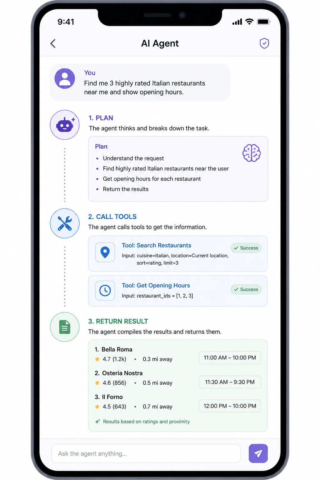 Illustration of an AI agent inside a mobile app planning actions, calling tools, and returning a result