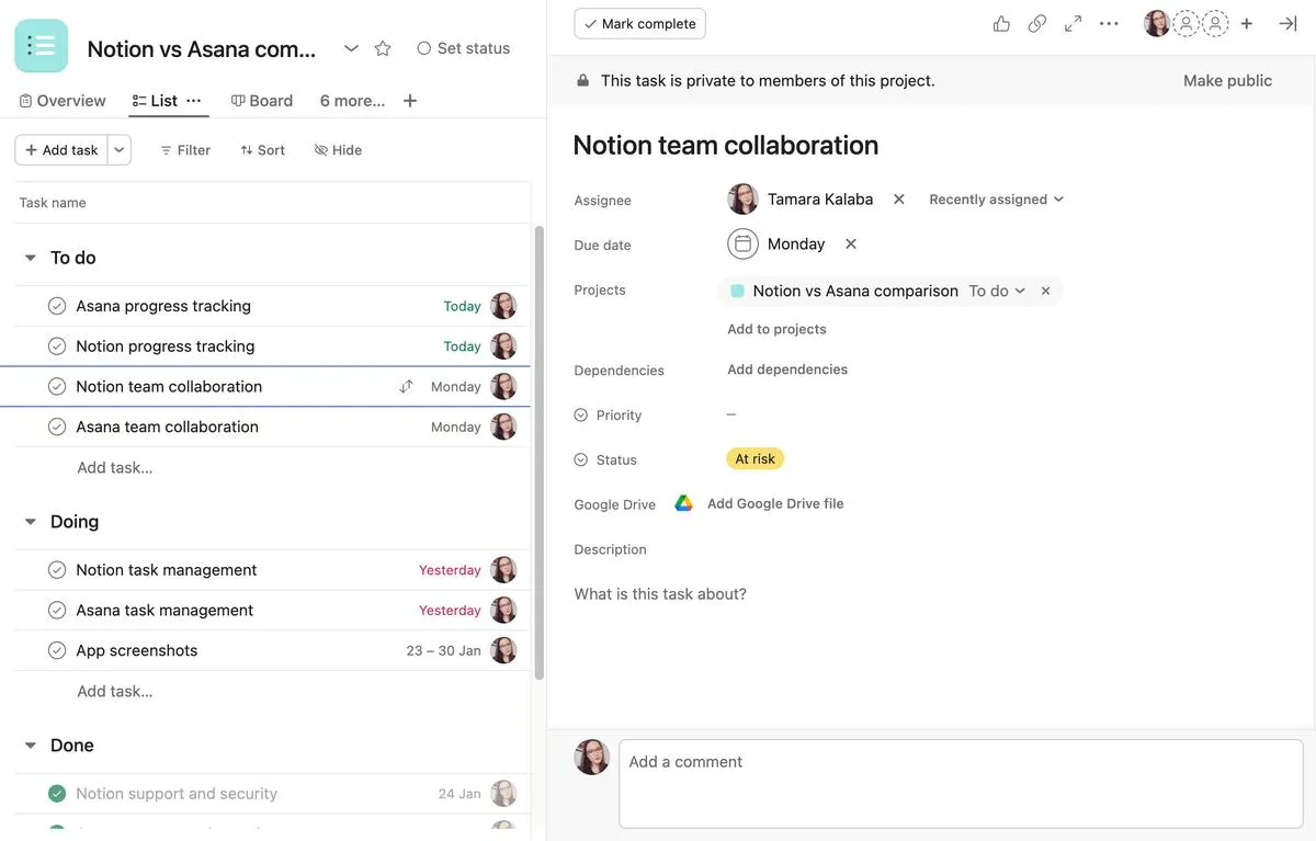 A project management board comparison between Linear, Notion, and Asana on a single screen, illustration for project management section