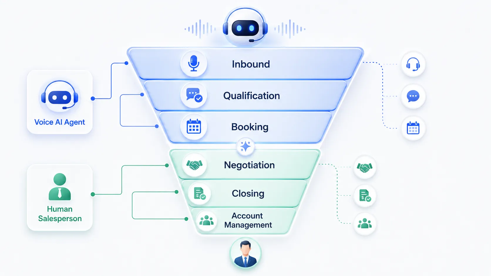 Funnel diagram with voice agent icons at top of funnel (inbound, qualification, booking) and human icons at the bottom (negotiation, closing, account management)