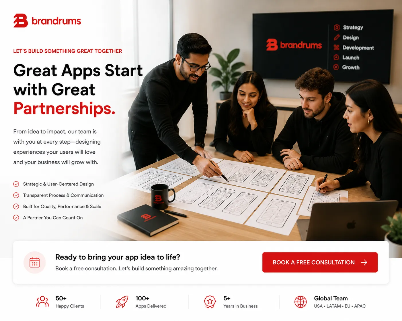 Brandrums team reviewing app wireframes together, closing CTA placement