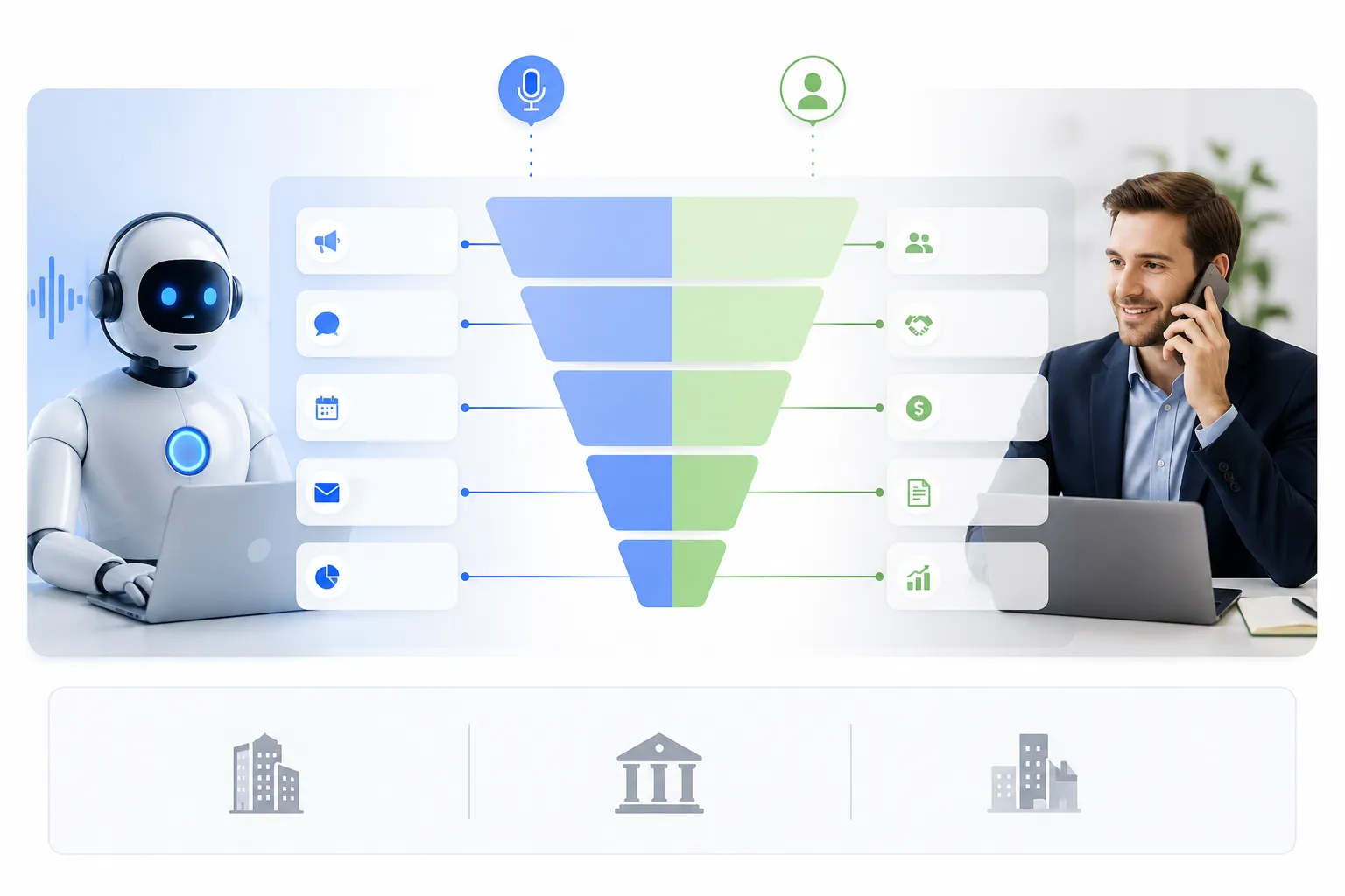 Voice AI agent and a human salesperson side by side with the parts of the funnel each handles labelled