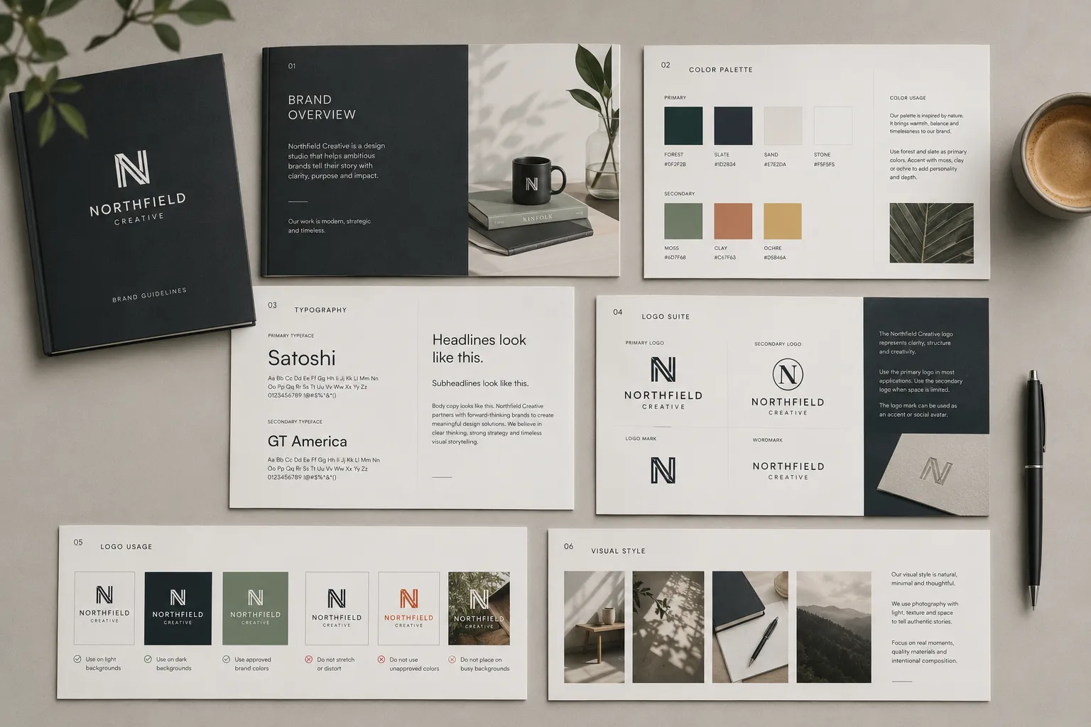 Final brand guideline pages laid out flat showing color palette, typography, and logo usage rules, late in post