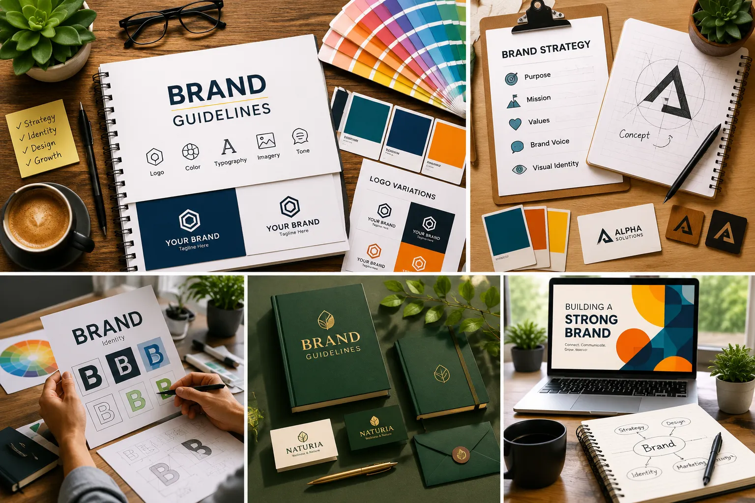 Flat lay of brand guidelines, color swatches, and logo variations on a wood desk, featured image at top of post