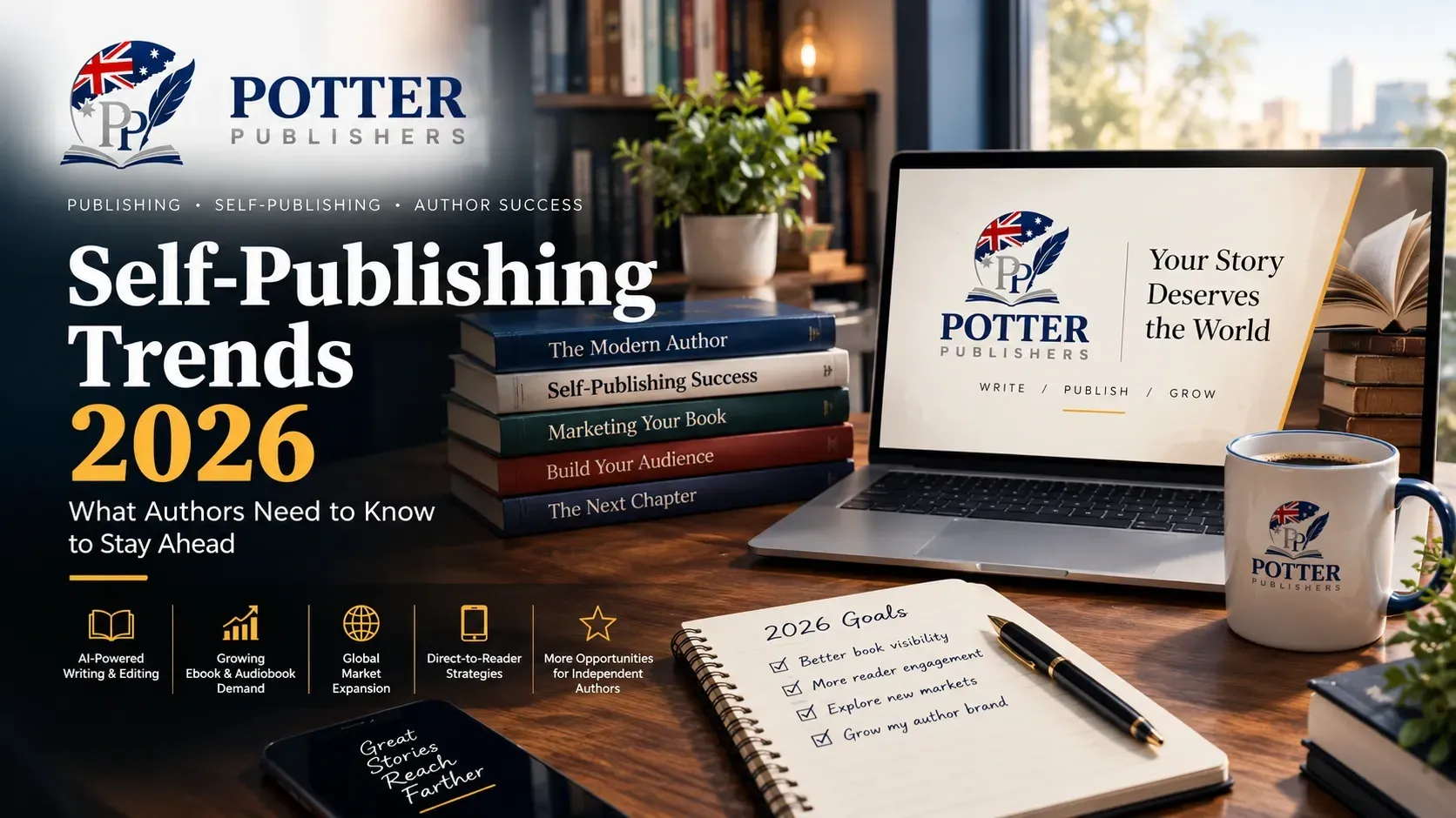 Self-publishing trends 2026 showing modern authors, books and digital publishing tools
