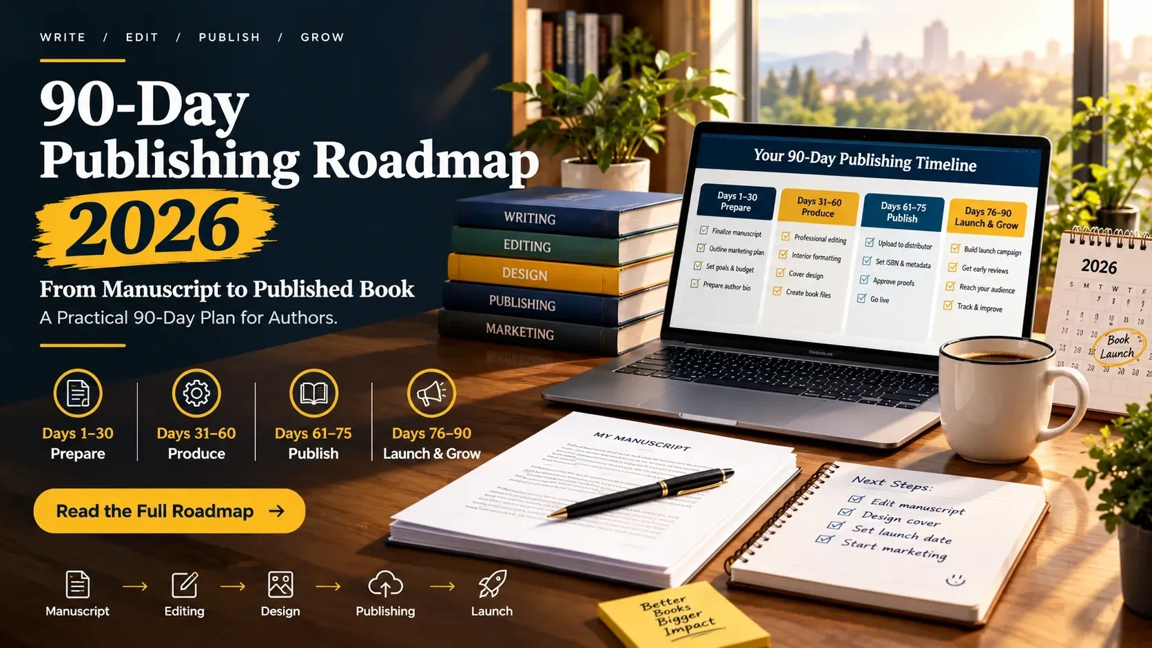 90-day publishing roadmap 2026 showing the steps from manuscript to published book