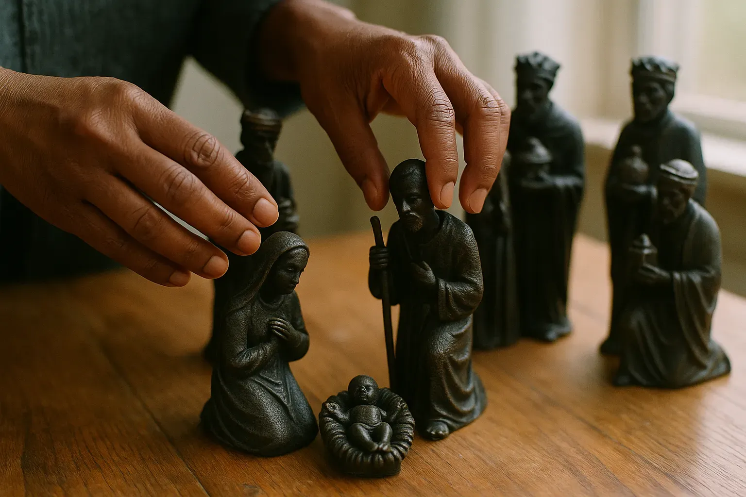 A family setting up a Black nativity set