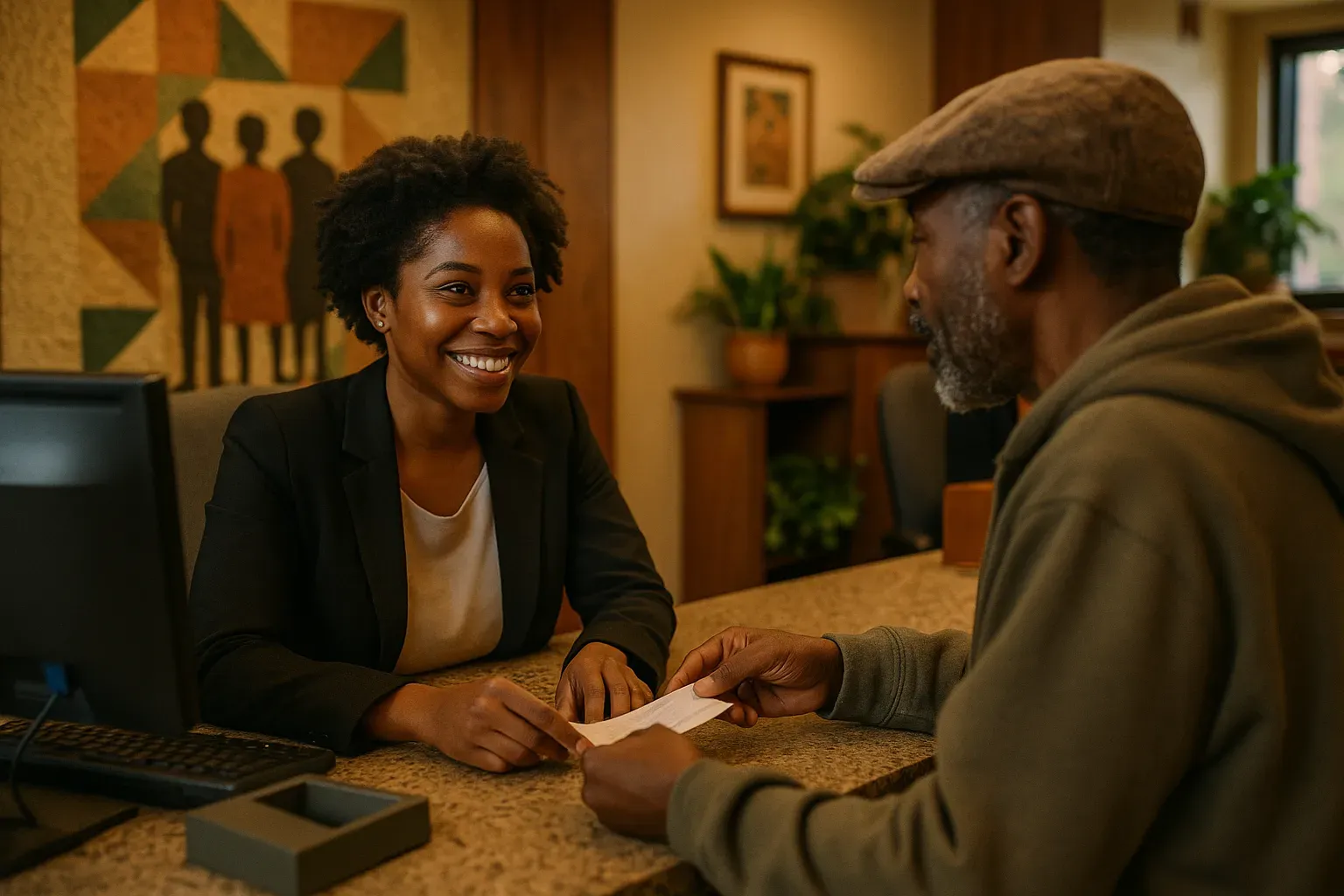 A diverse group entering a Black-owned bank