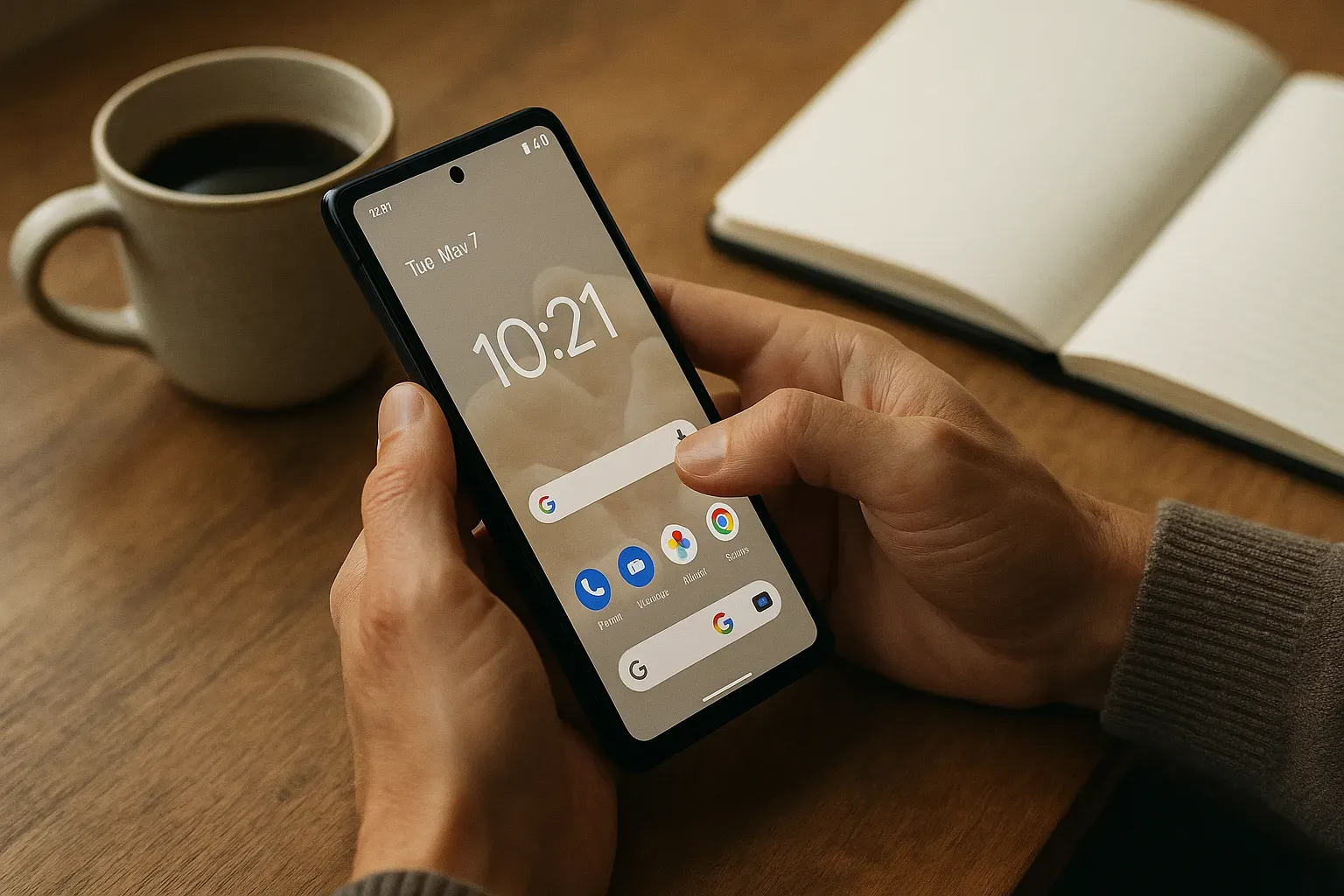 A person holding a Google Pixel 11 in a modern living room