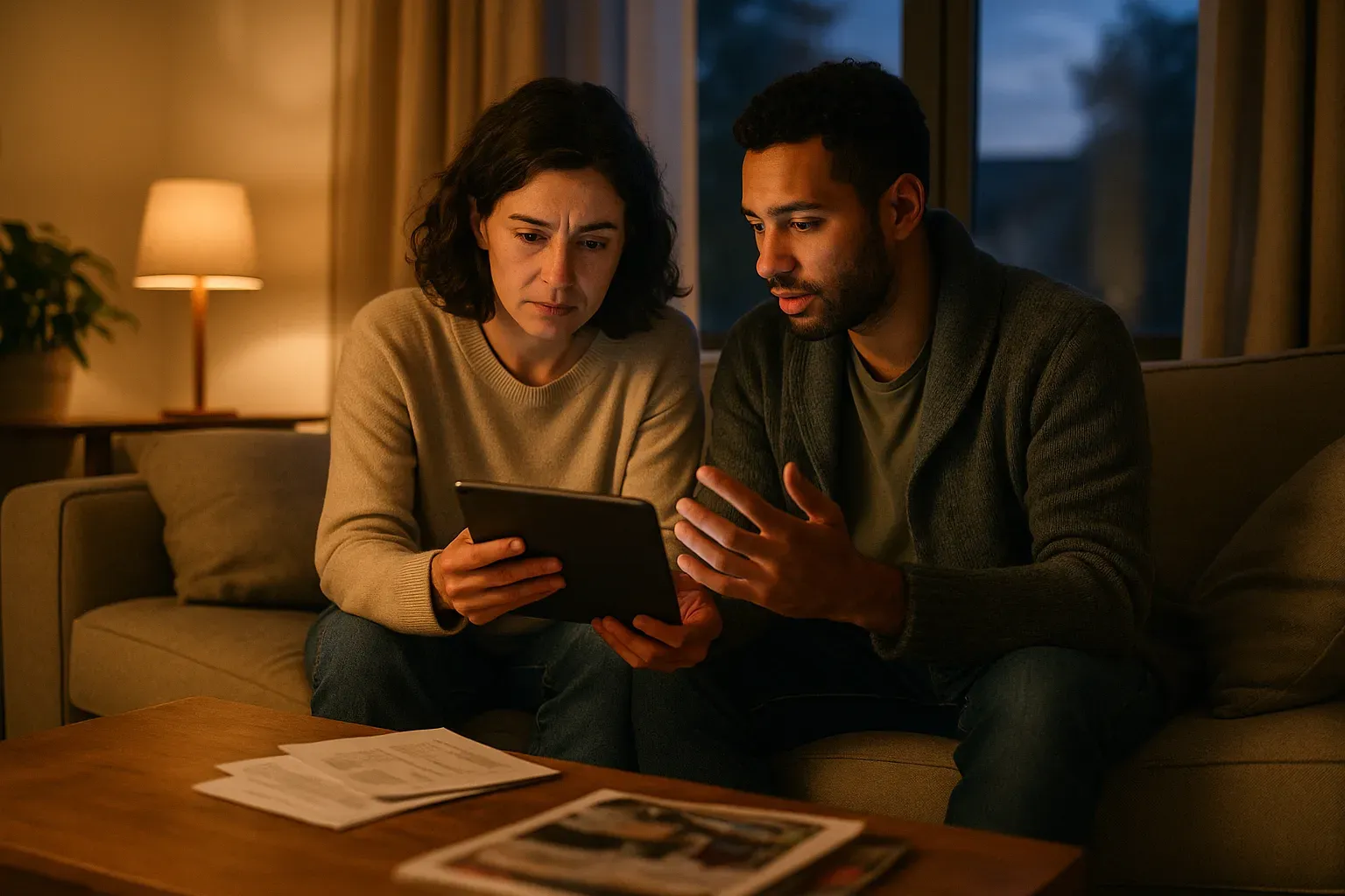 Couple discussing finances on a sofa
