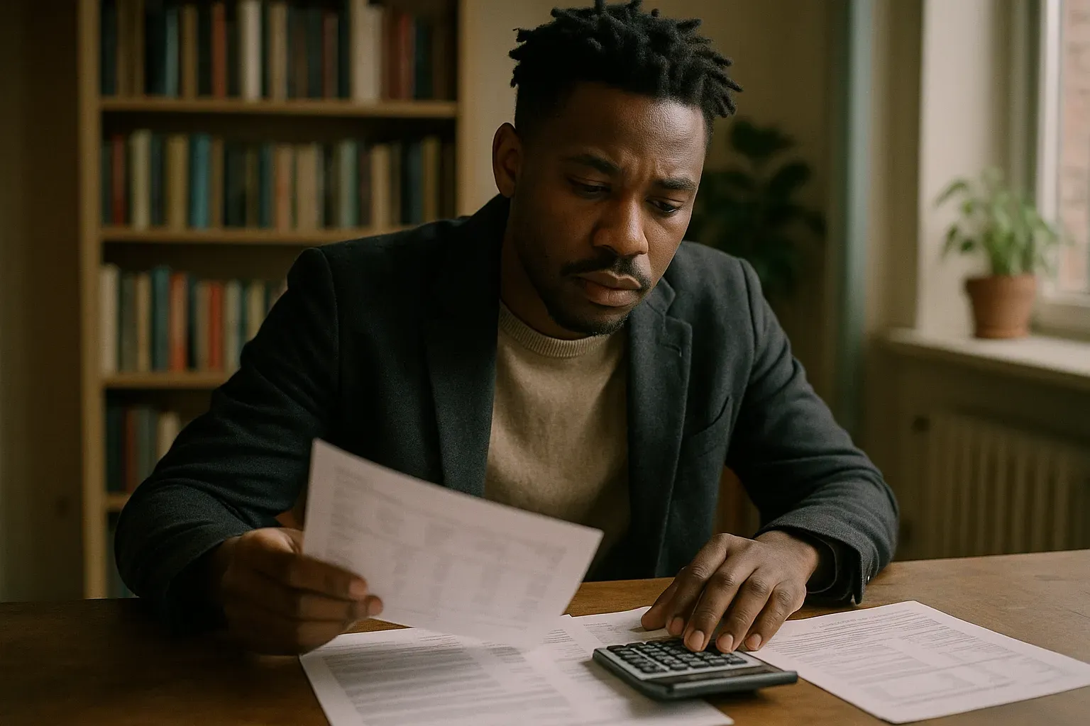 Person at desk with bank documents and laptop
