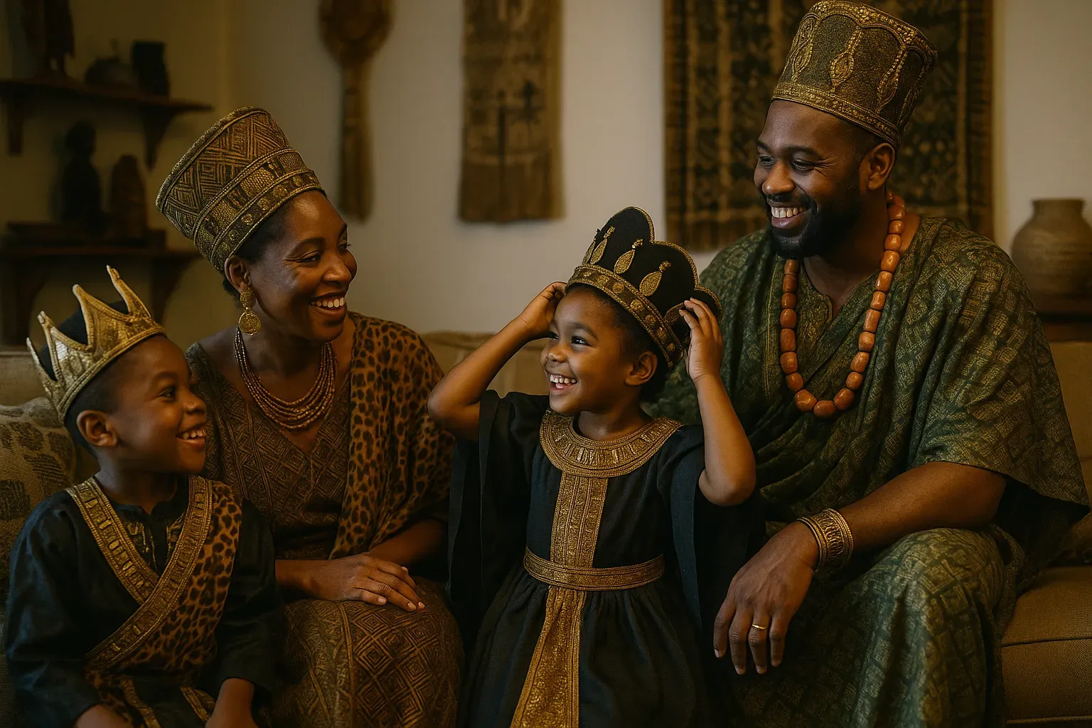A family trying on African royalty-inspired costumes