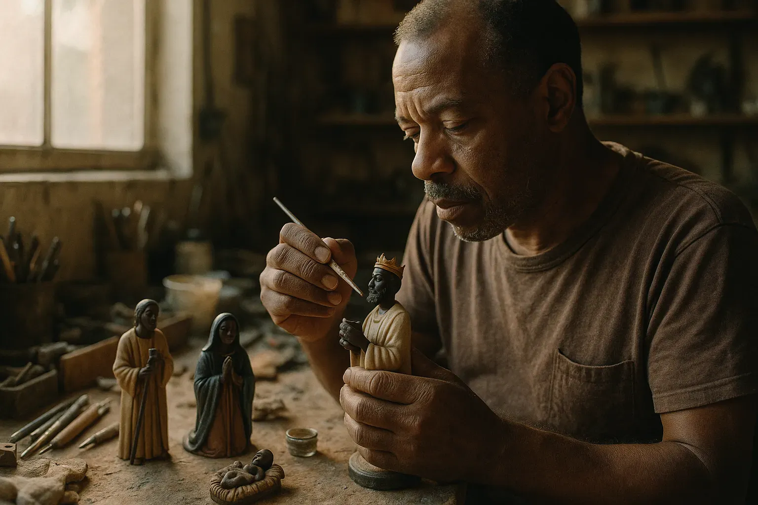 An artisan painting a nativity set