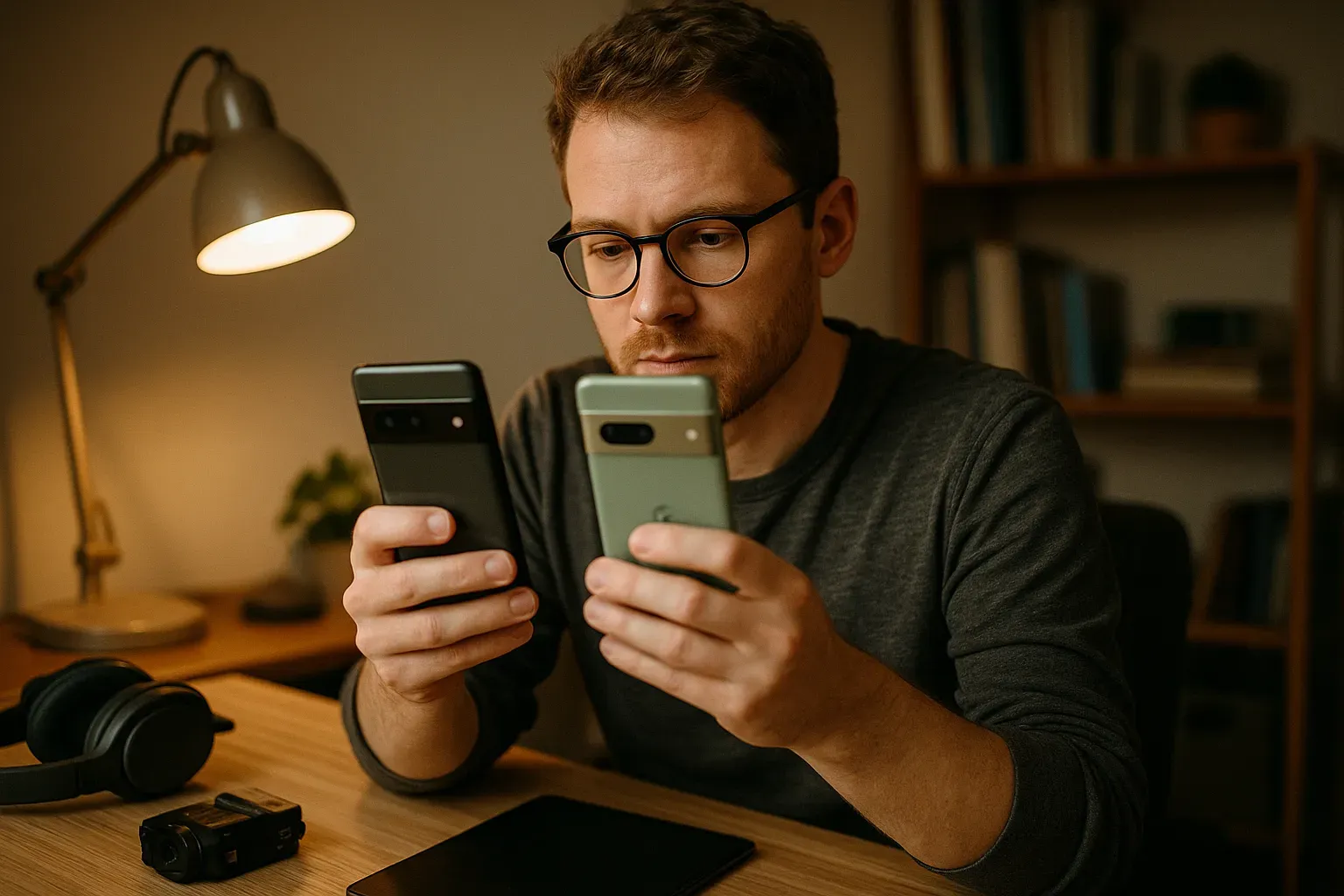 Google Pixel 11 on a wooden table with coffee and a notebook