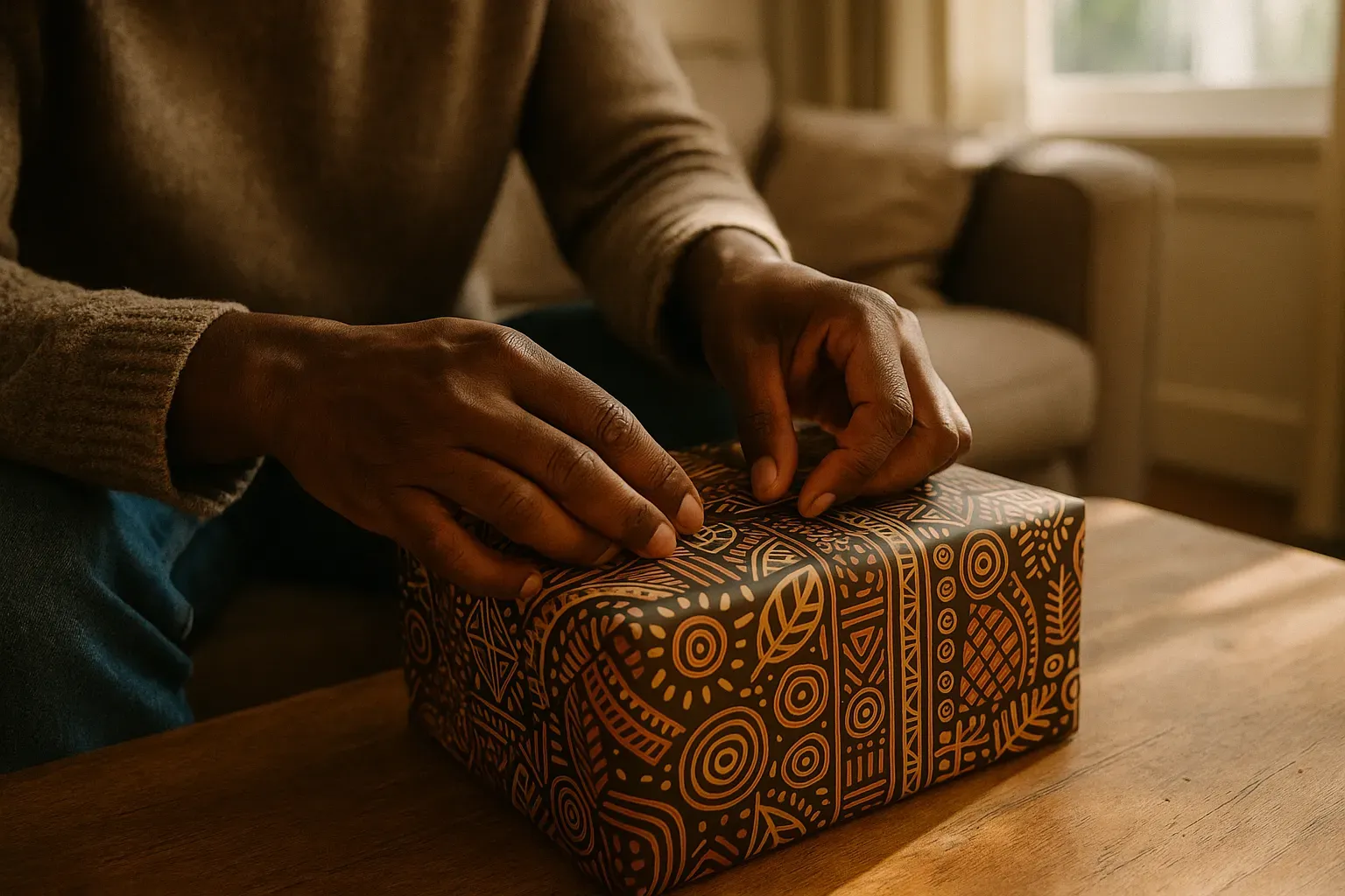 Colorful Black-owned wrapping paper designs on a wooden table