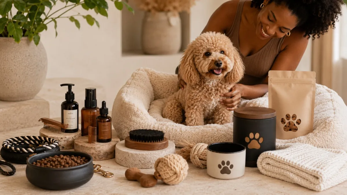 Black-owned pet supplies including toys, bowls, and grooming items