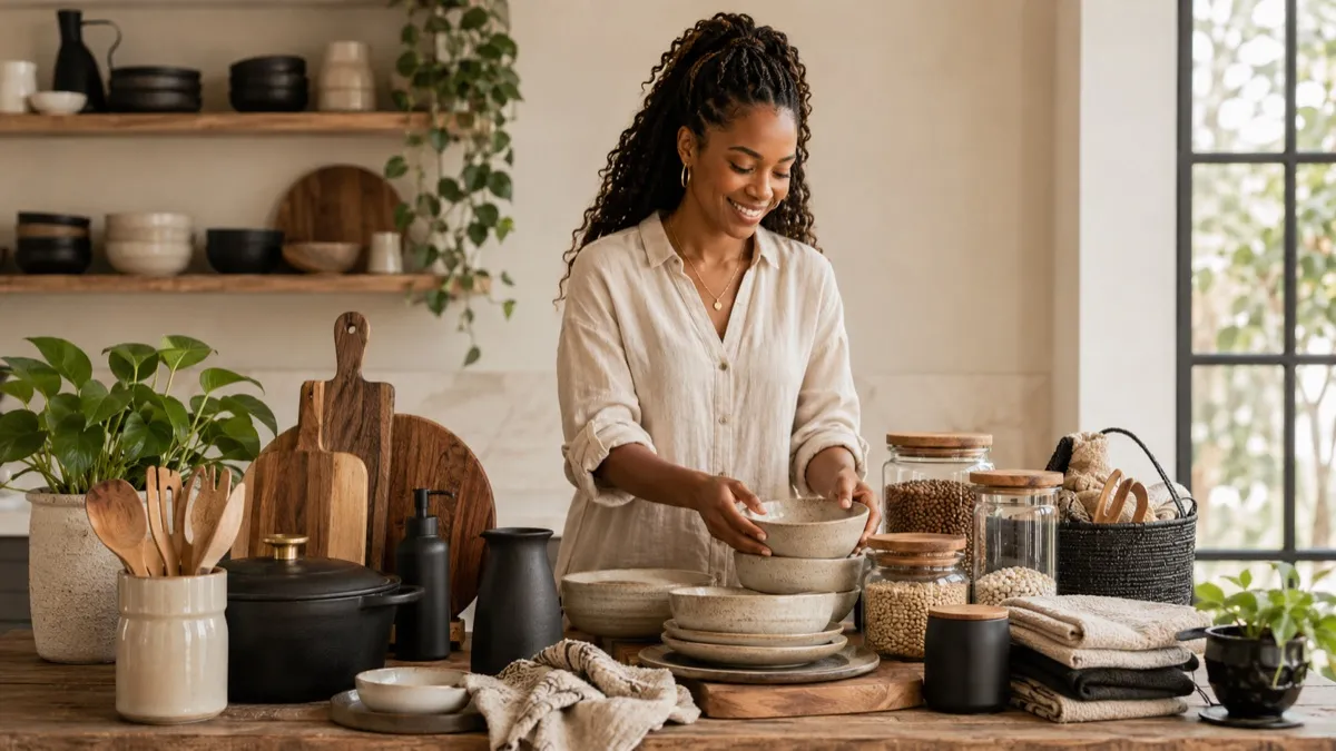 Black-owned cookware, utensils, and home essentials on a kitchen counter