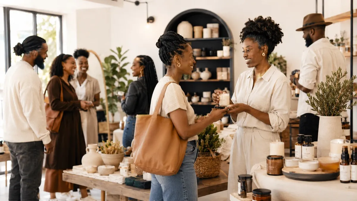 Two Black women meeting over a tablet in a bright workspace