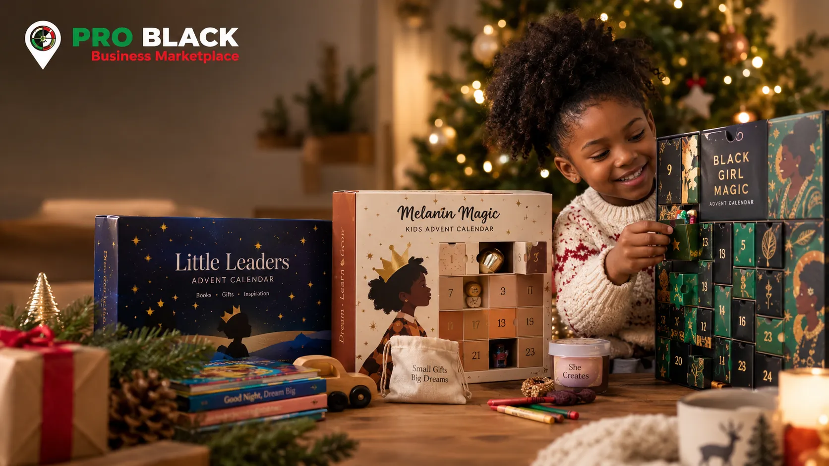 Children opening a Black-owned advent calendar
