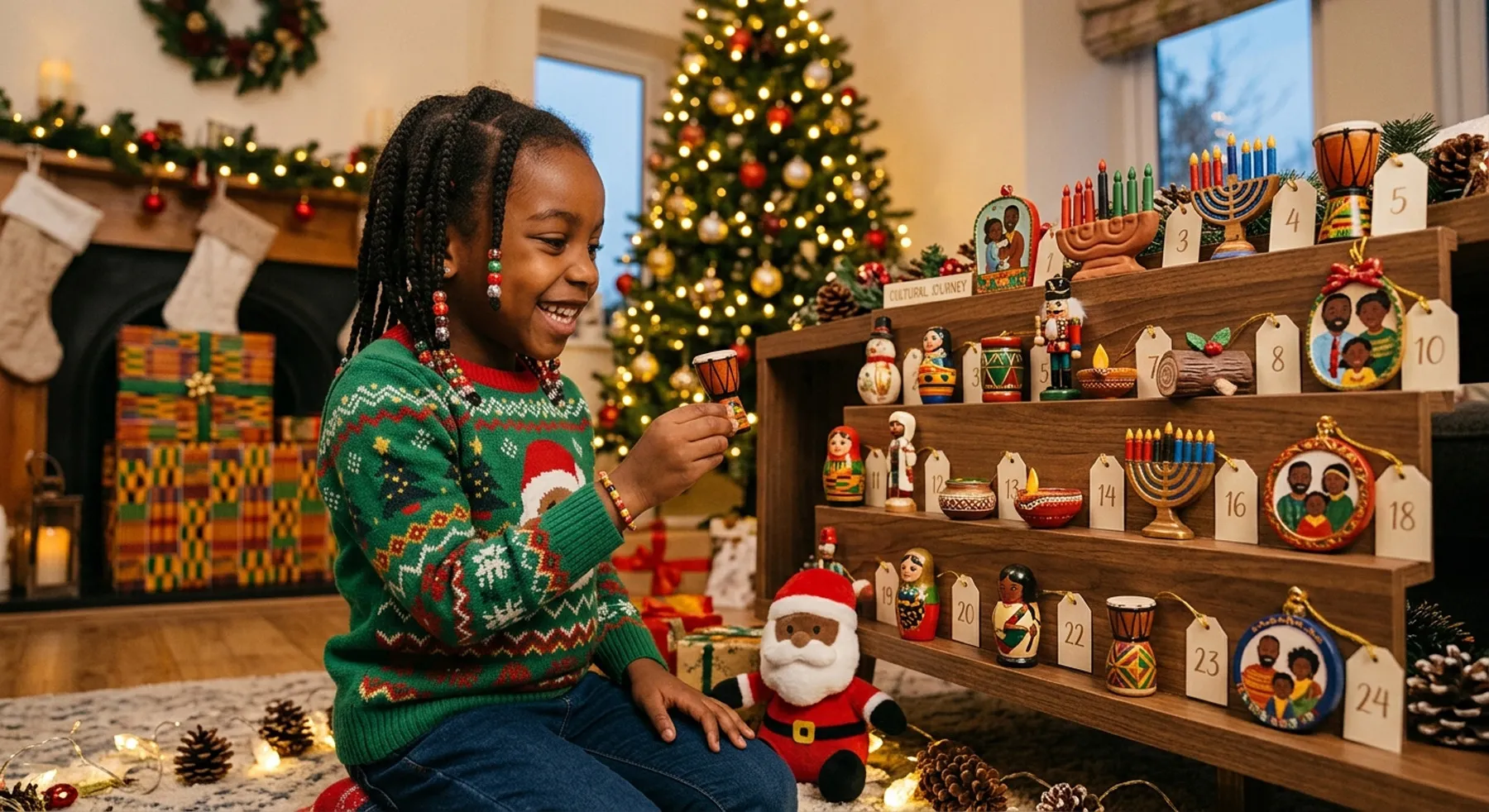 Hands arranging culturally themed advent calendar items