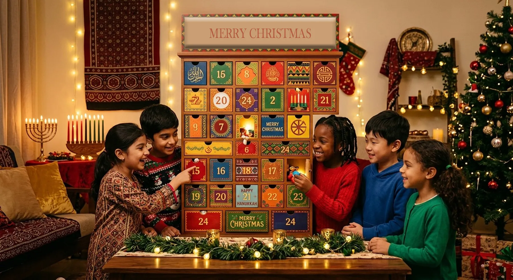 Children opening a Black-owned advent calendar