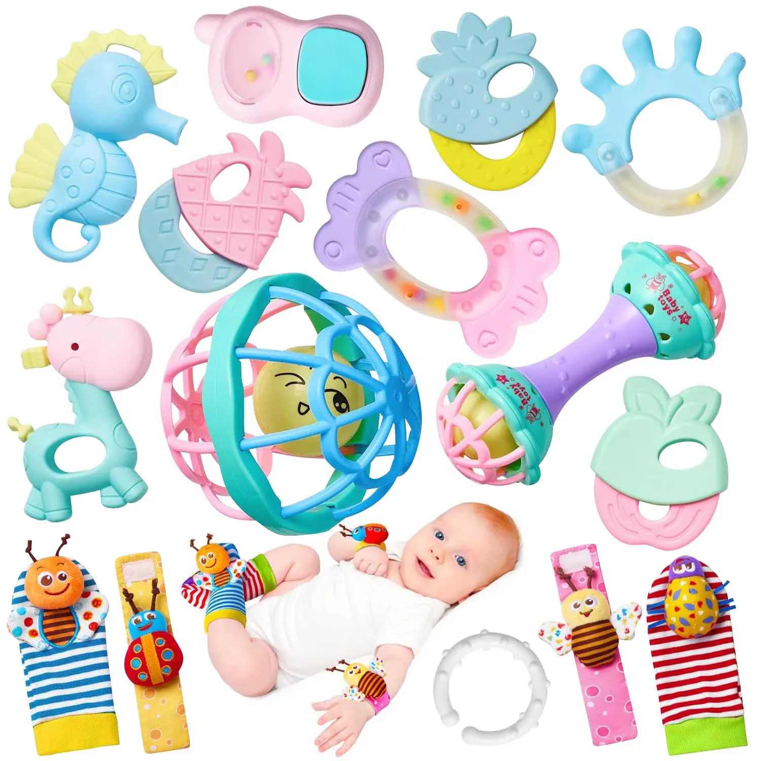15-Piece Baby Rattles & Teethers Set with Wrist and Ankle Rattles